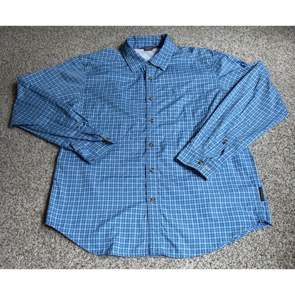 ExOfficio Men's Casual Button-Down Shirt Blue Plaid Large Nylon Vented